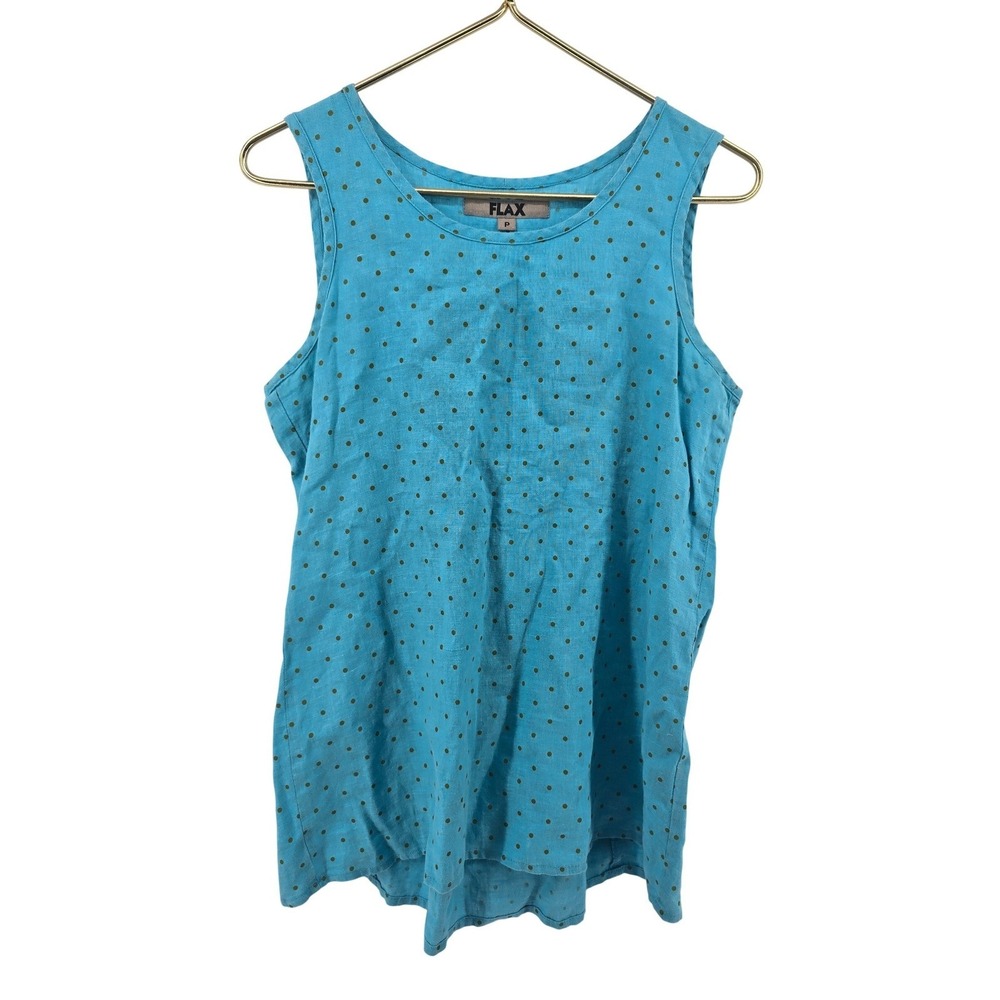 FLAX Linen Tank Top Womens P Polka Dot Blue Sleeveless Pleated‎ Back EUC